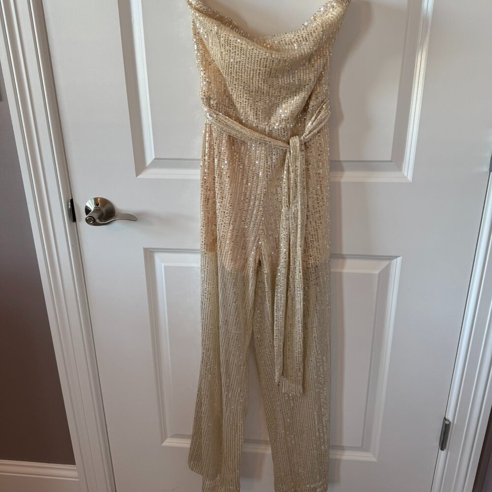 Sexy and Stunning Gold Sequin Strapless Jumpsuit